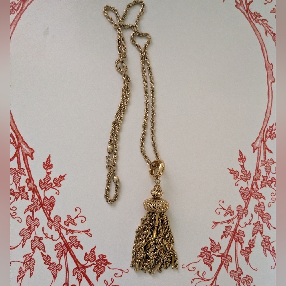 Gold Tone Tassel Pendant Long Necklace